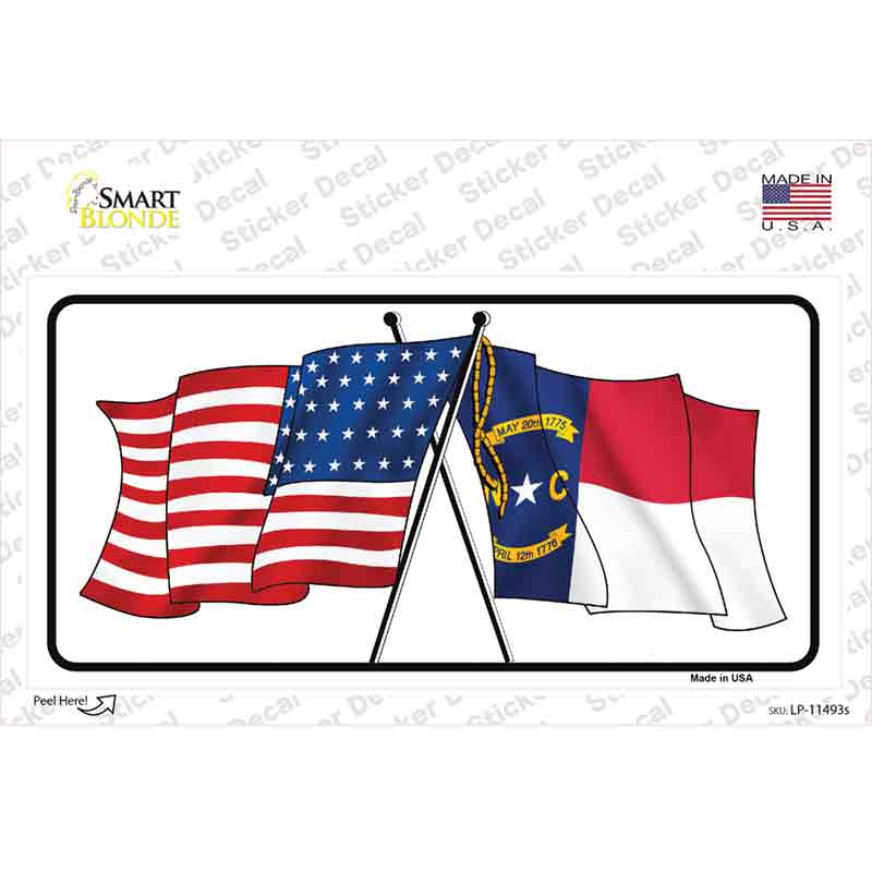 LP-11493s-M North Carolina Crossed US Flag Novelty Sticker Decal - Medium
