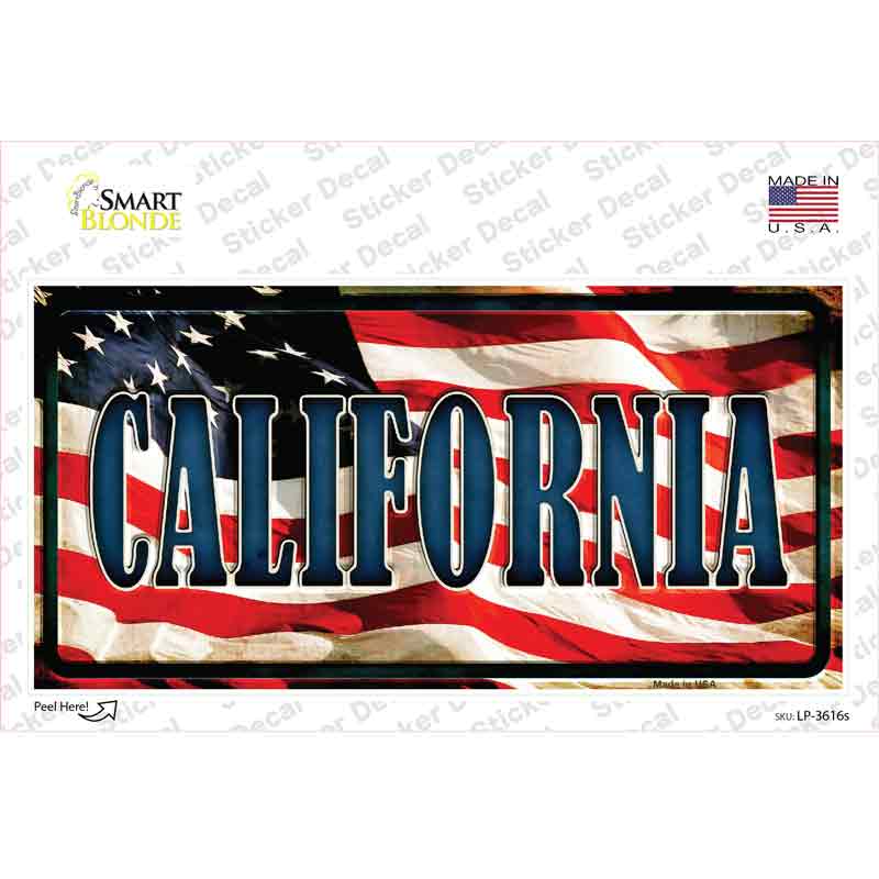 LP-3616s-M California on American Flag Novelty Sticker Decal - Medium