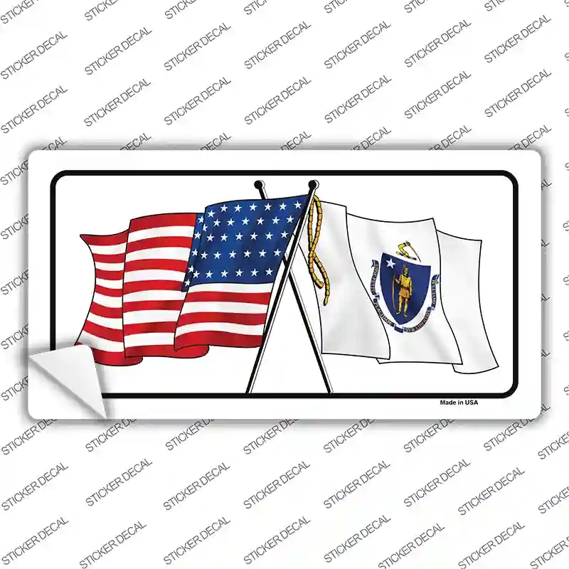 LP-11481s-S Massachusetts Crossed US Flag Novelty Sticker Decal - Small