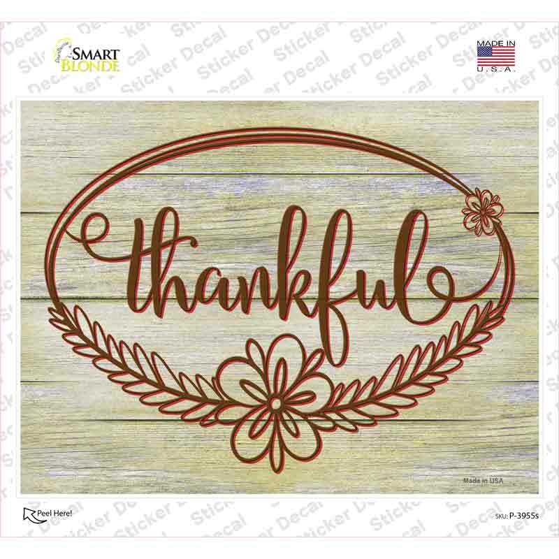 P-3955s-M Thankful Wood Background Novelty Rectangle Sticker Decal - Medium