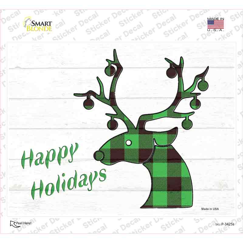 P-3425s-M Happy Holidays Green Plaid Novelty Rectangle Sticker Decal - Medium
