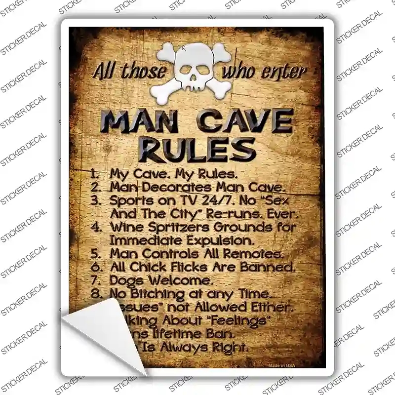 P-1180s-L Man Cave Rules Novelty Rectangle Sticker Decal - Large