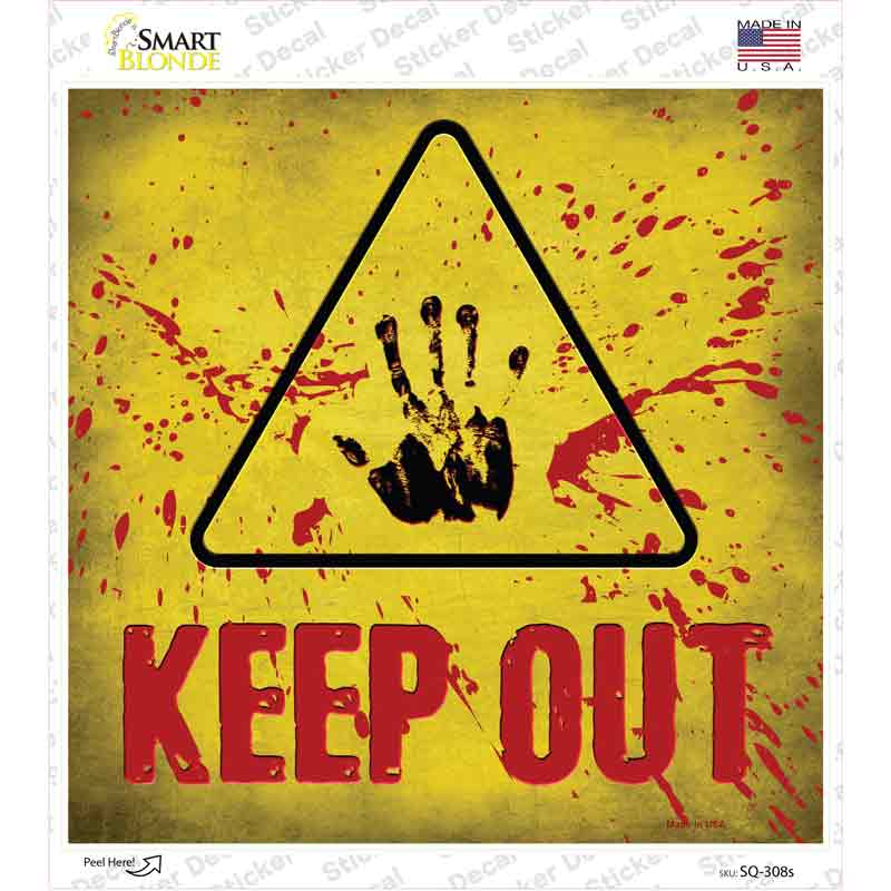 SQ-308s-M Keep Out Triangle with Handprint & Blood Novelty Square Sticker Decal - Medium