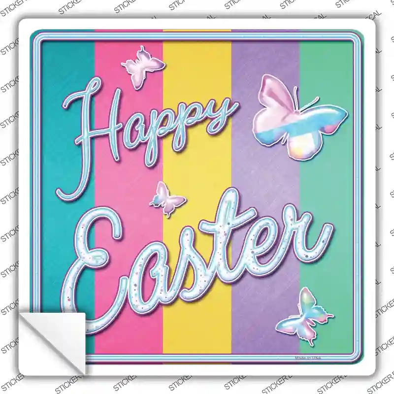SQ-324s-L Happy Easter with Butterflies Novelty Square Sticker Decal - Large
