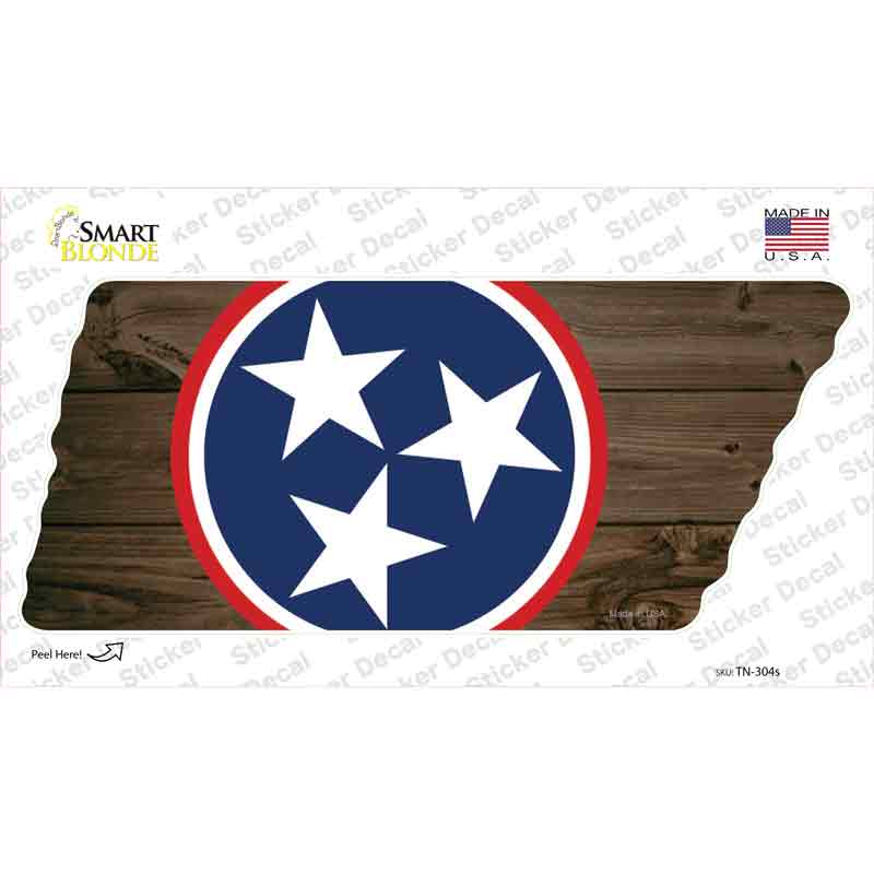 TN-304s-M Tri Star on Dark Wood Novelty Tennessee Shape Sticker Decal - Medium