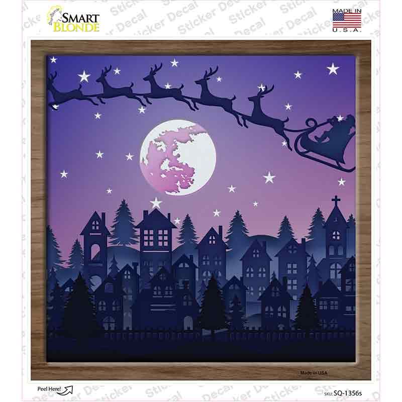 SQ-1356s-M Santa Over Town Shadow Box Novelty Square Sticker Decal - Medium