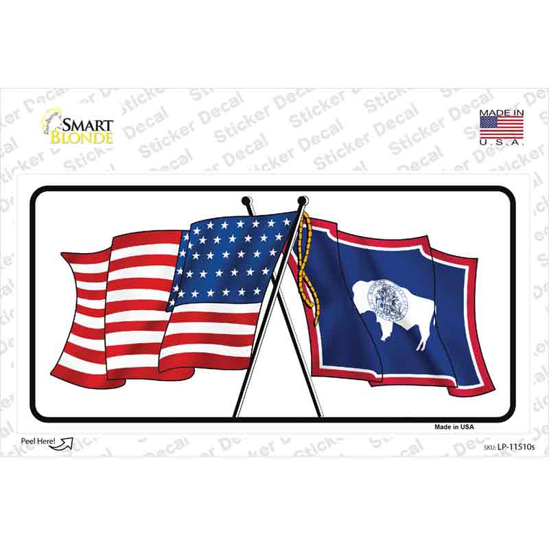 LP-11510s-M Wyoming Crossed US Flag Novelty Sticker Decal - Medium