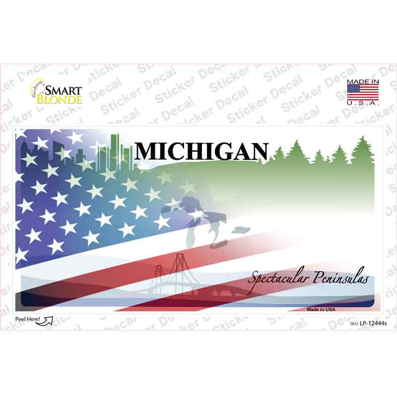 LP-12444s-M Michigan Peninsulas American Flag Novelty Sticker Decal - Medium