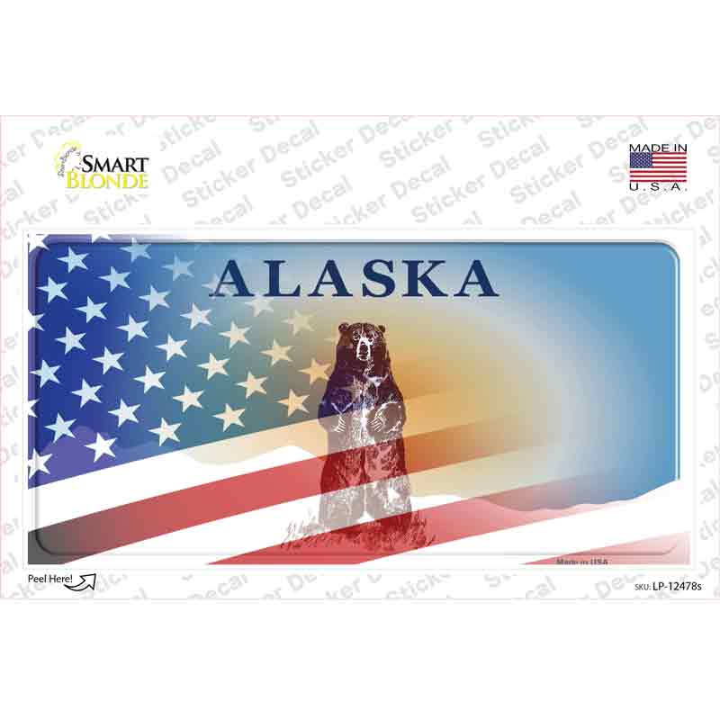 LP-12478s-M Alaska Bear with American Flag Novelty Sticker Decal - Medium