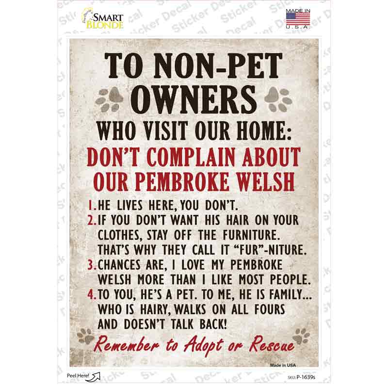 P-1639s-M Non-Pet Owners Pembroke Welsh Novelty Rectangle Sticker Decal - Medium