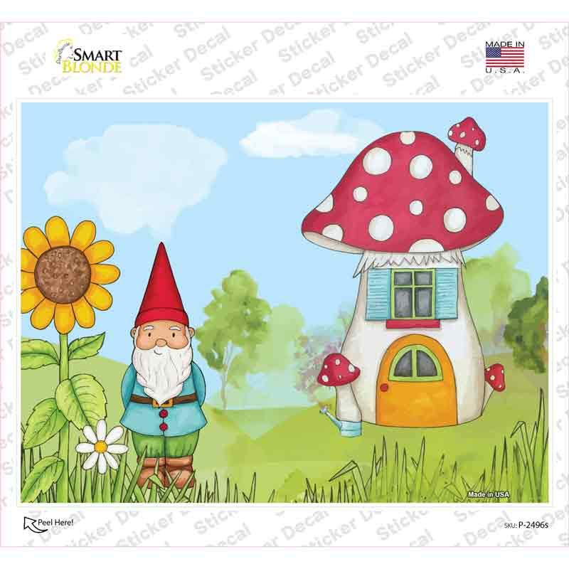 P-2496s-M Gnome & Mushroom House Novelty Rectangle Sticker Decal - Medium