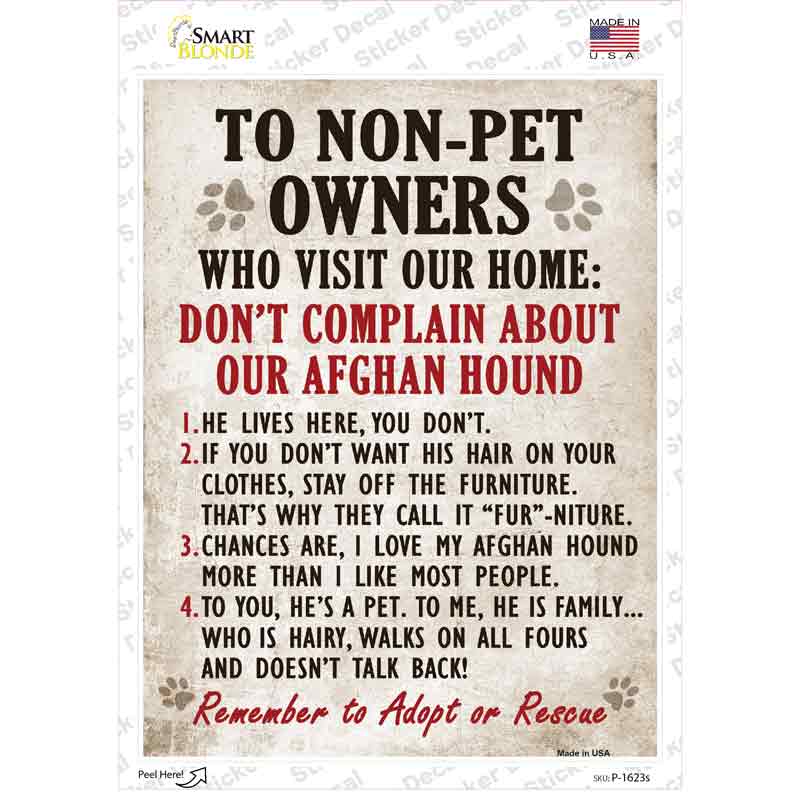 P-1623s-M Non-Pet Owners Afghan Hound Novelty Rectangle Sticker Decal - Medium