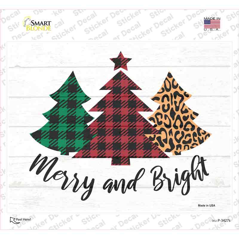 P-3427s-M Merry & Bright Christmas Tree Novelty Rectangle Sticker Decal - Medium