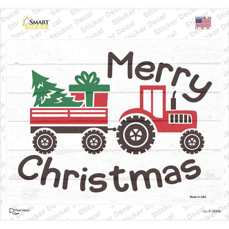 P-3439s-M Merry Christmas Tractor Novelty Rectangle Sticker Decal - Medium