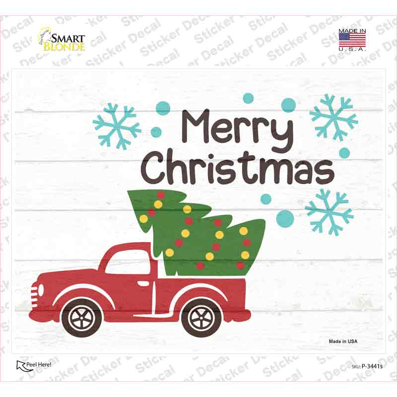 P-3441s-M Merry Christmas Truck & Tree Novelty Rectangle Sticker Decal - Medium