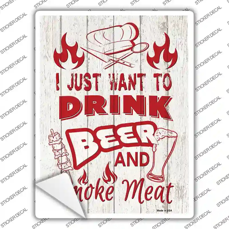 P-4013s-L Drink Beer & Smoke Meat Novelty Rectangle Sticker Decal - Large