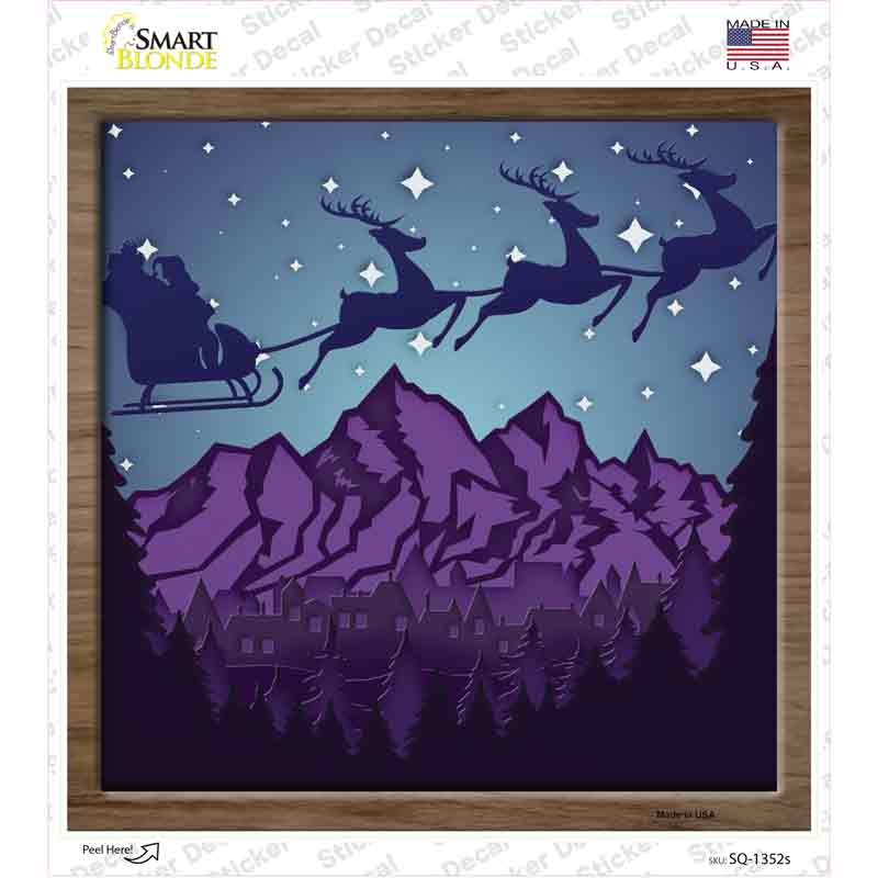 SQ-1352s-M Santa Over Mountains Shadow Box Novelty Square Sticker Decal - Medium