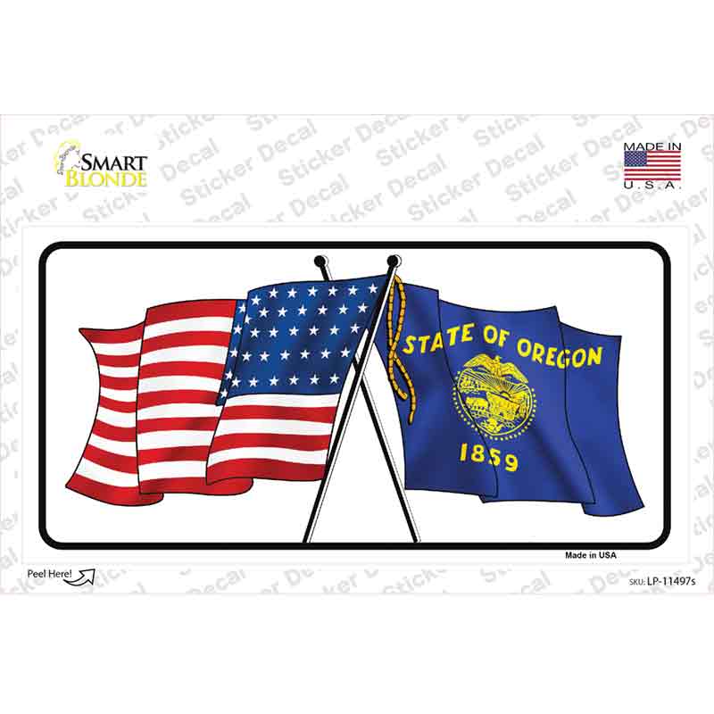 LP-11497s-M Oregon Crossed US Flag Novelty Sticker Decal - Medium