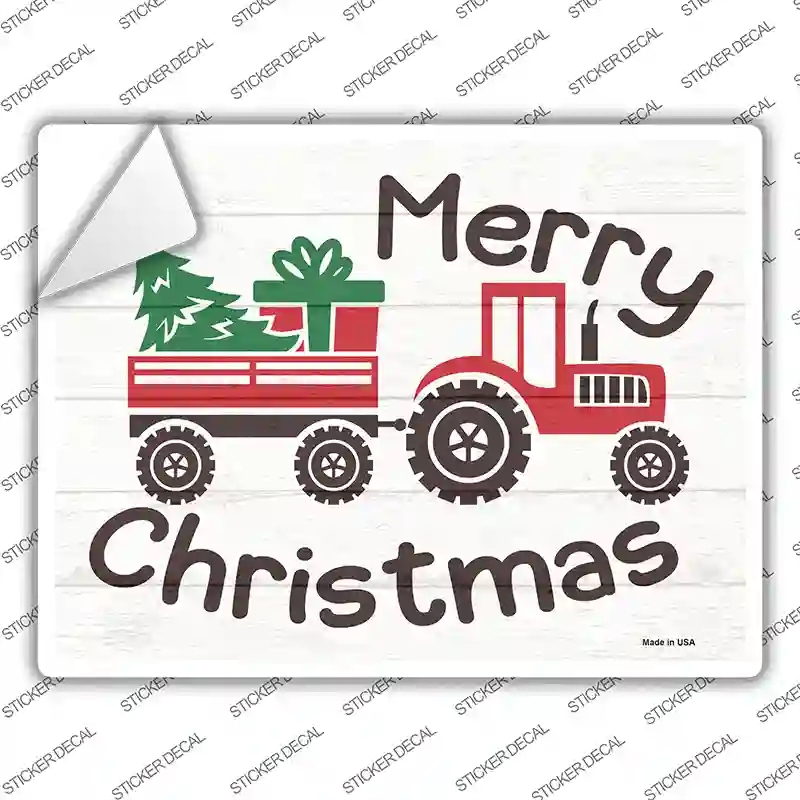 P-3439s-L Merry Christmas Tractor Novelty Rectangle Sticker Decal - Large