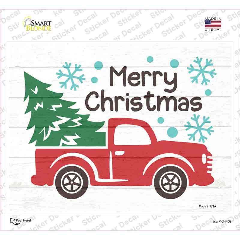 P-3440s-M Merry Christmas Truck Novelty Rectangle Sticker Decal - Medium