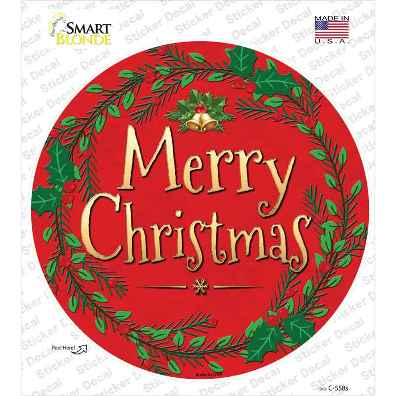 C-558s-M Merry Christmas Red Wreath Novelty Circle Sticker Decal - Medium