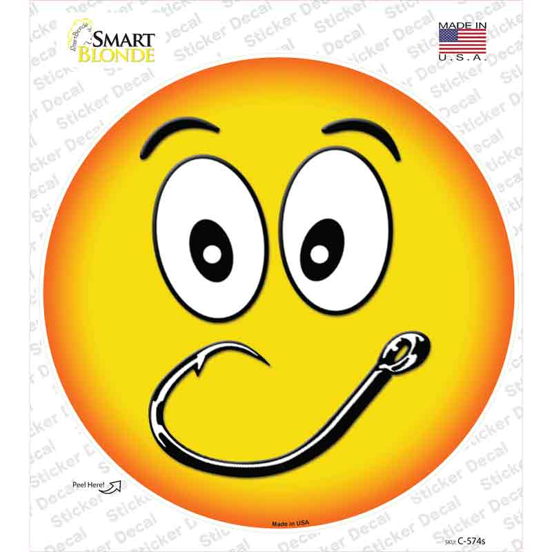 C-574s-M Smiling Face Fishing Hook Novelty Circle Sticker Decal - Medium
