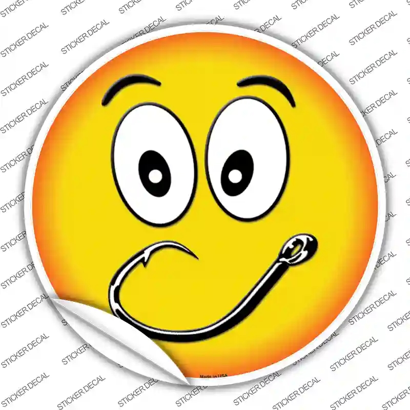 C-574s-XL Smiling Face Fishing Hook Novelty Circle Sticker Decal - Extra Large