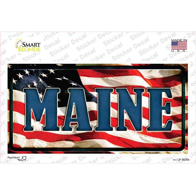 LP-3630s-M Maine on American Flag Novelty Sticker Decal - Medium