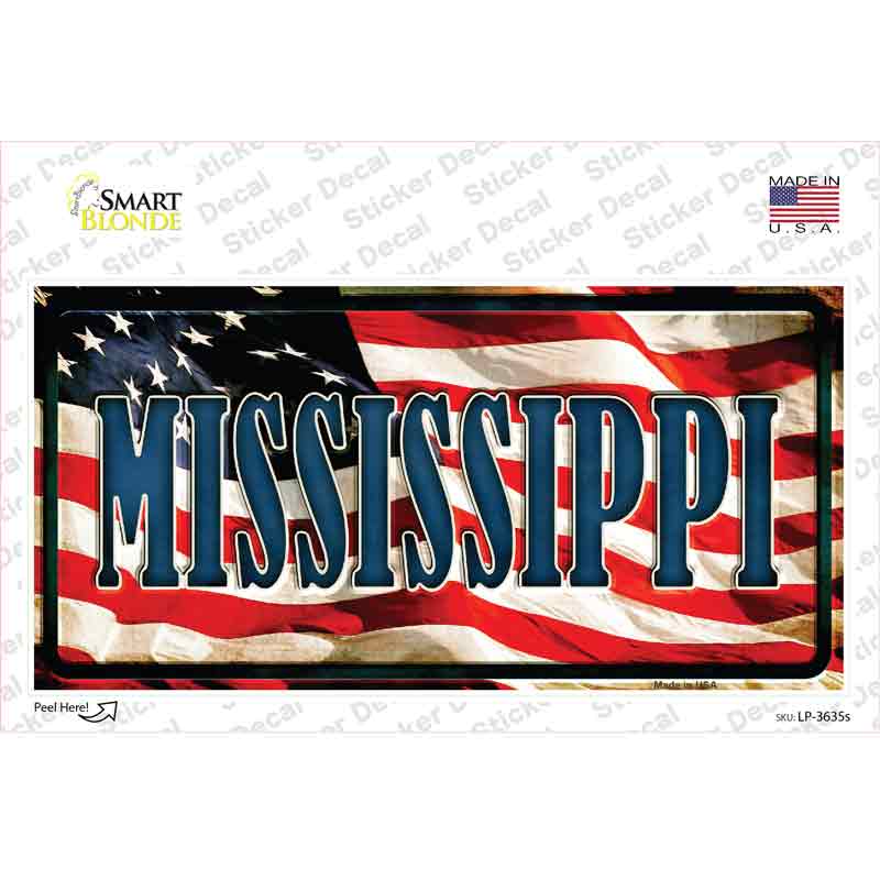 LP-3635s-M Mississippi on American Flag Novelty Sticker Decal - Medium