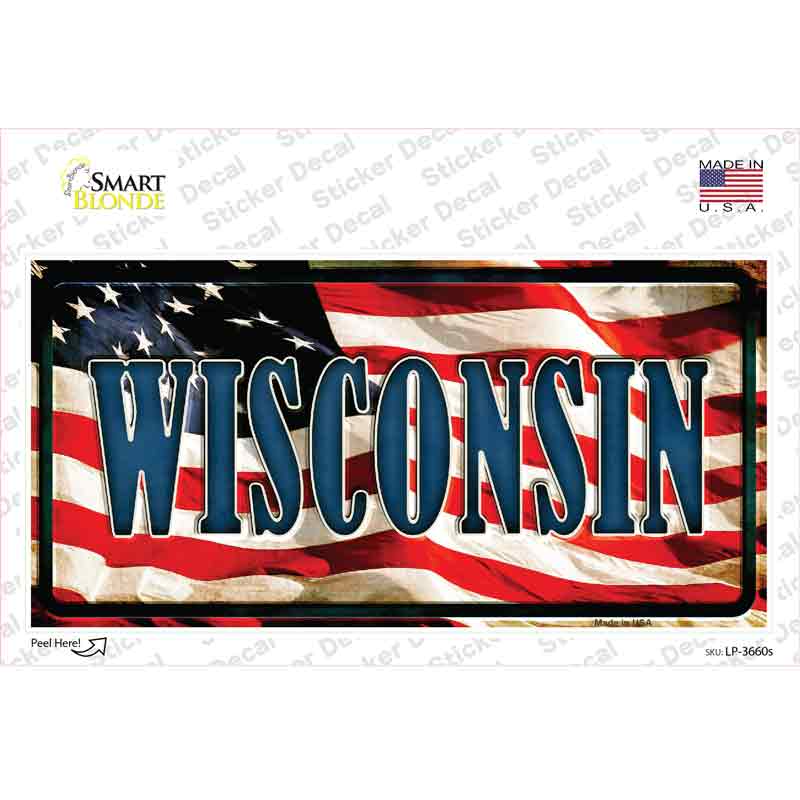 LP-3660s-M Wisconsin on American Flag Novelty Sticker Decal - Medium