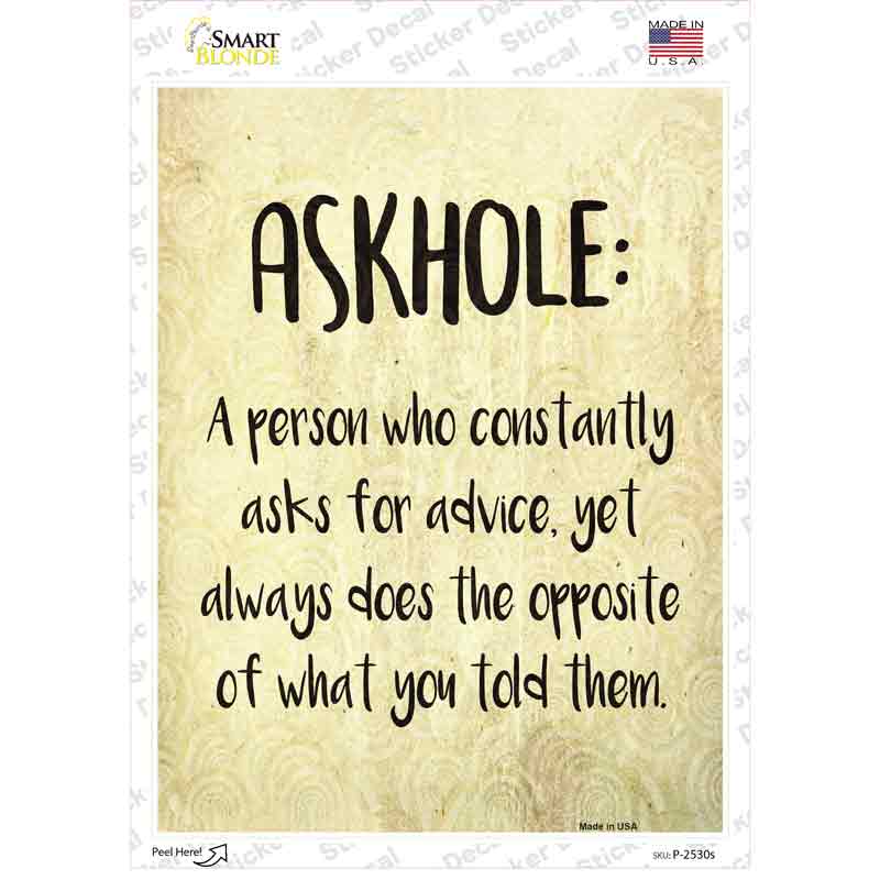 P-2530s-M Askhole Definition Novelty Rectangle Sticker Decal - Medium