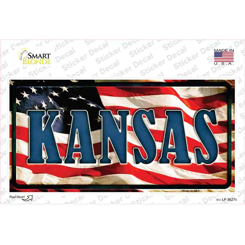 LP-3627s-M Kansas on American Flag Novelty Sticker Decal - Medium