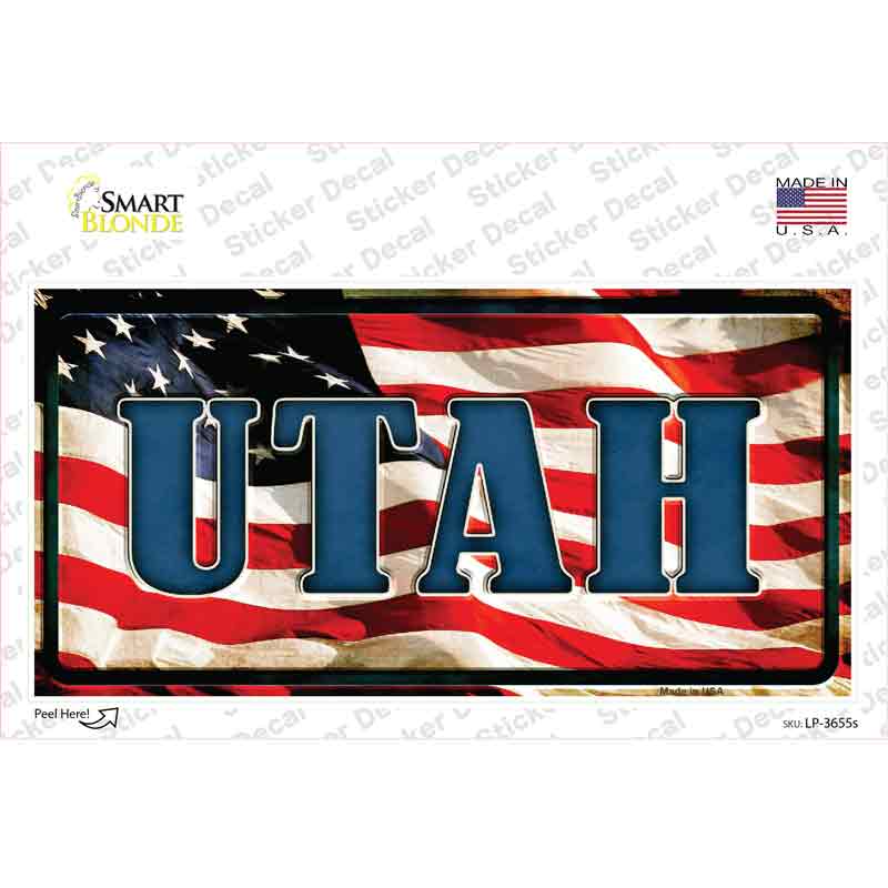 LP-3655s-M Utah on American Flag Novelty Sticker Decal - Medium