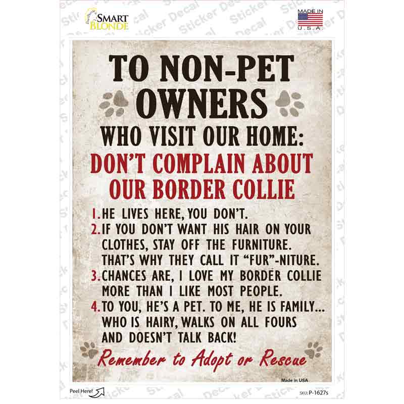 P-1627s-M Non-Pet Owners Border Collie Novelty Rectangle Sticker Decal - Medium