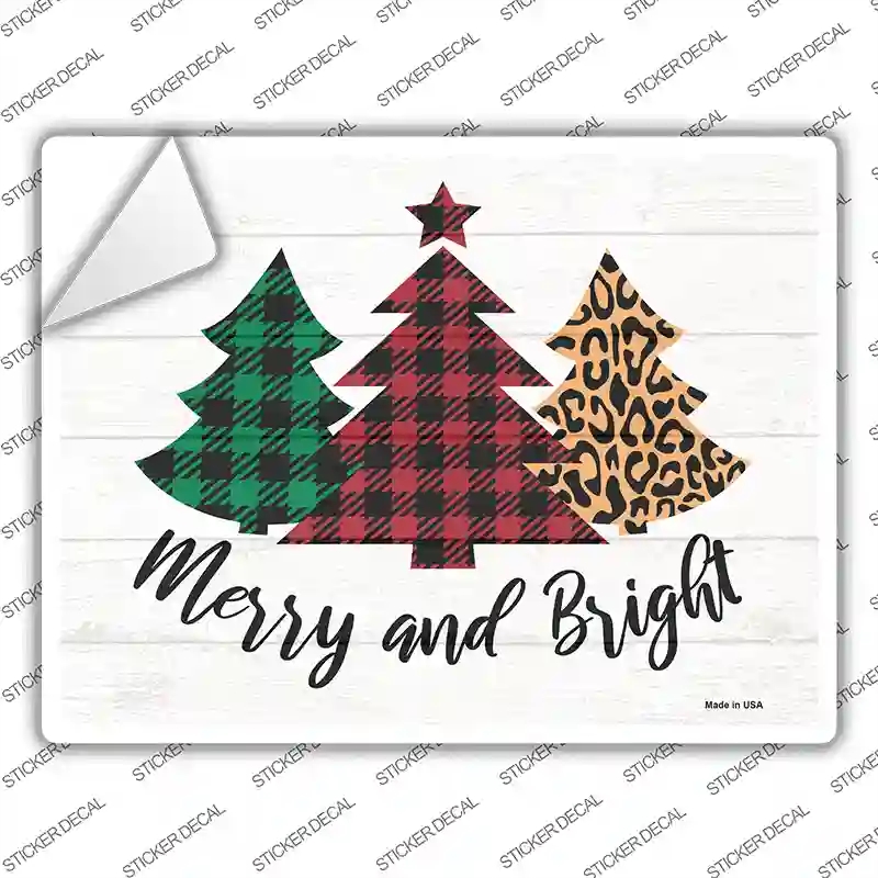 P-3427s-S Merry & Bright Christmas Tree Novelty Rectangle Sticker Decal - Small