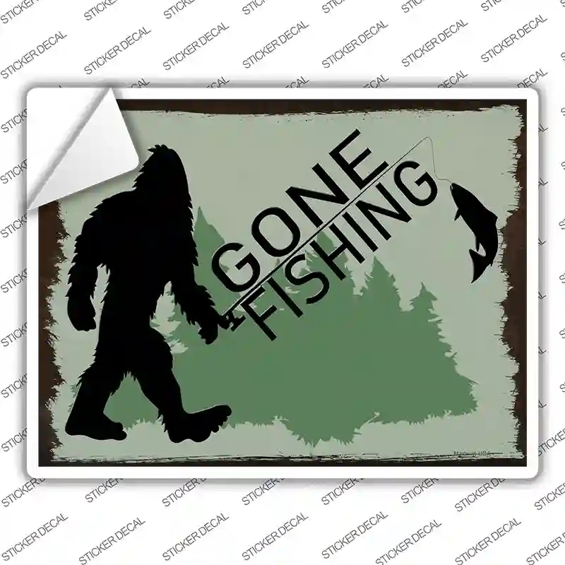 P-4080s-S Bigfoot Gone Fishing Novelty Rectangle Sticker Decal - Small
