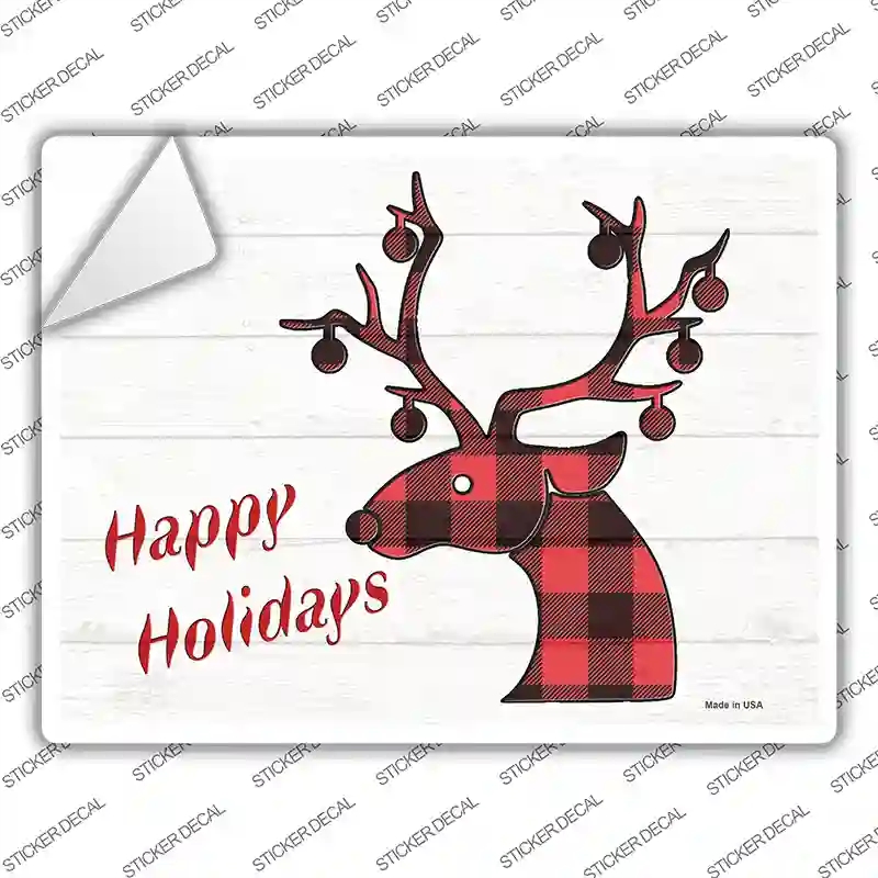 P-3424s-S Happy Holidays Red Plaid Novelty Rectangle Sticker Decal - Small