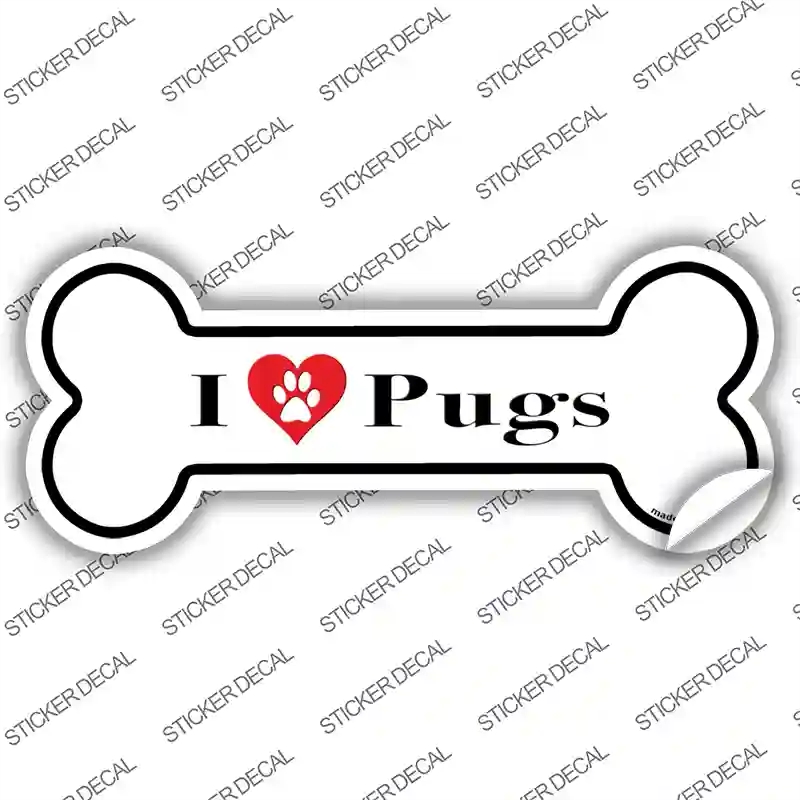 B-132s-S I Love Pugs Novelty Bone Sticker Decal - Small