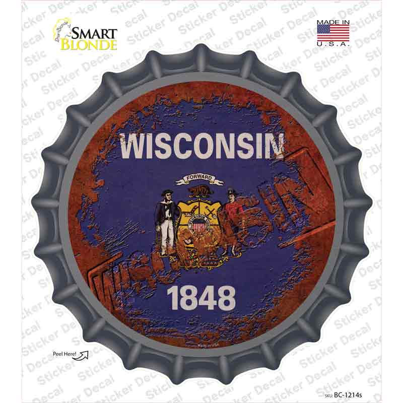 BC-1214s-M Wisconsin Rusty Stamped Novelty Bottle Cap Sticker Decal - Medium