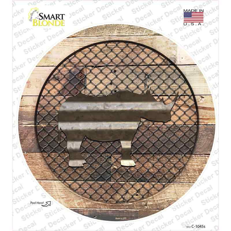 C-1045s-M Rhino on Wood Novelty Circle Sticker Decal - Medium