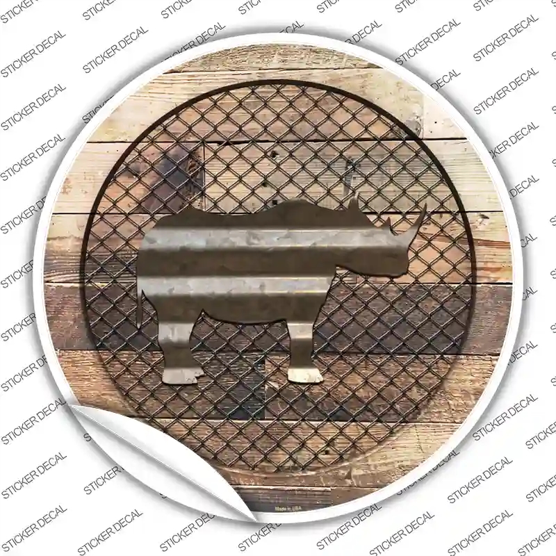 C-1045s-S Rhino on Wood Novelty Circle Sticker Decal - Small
