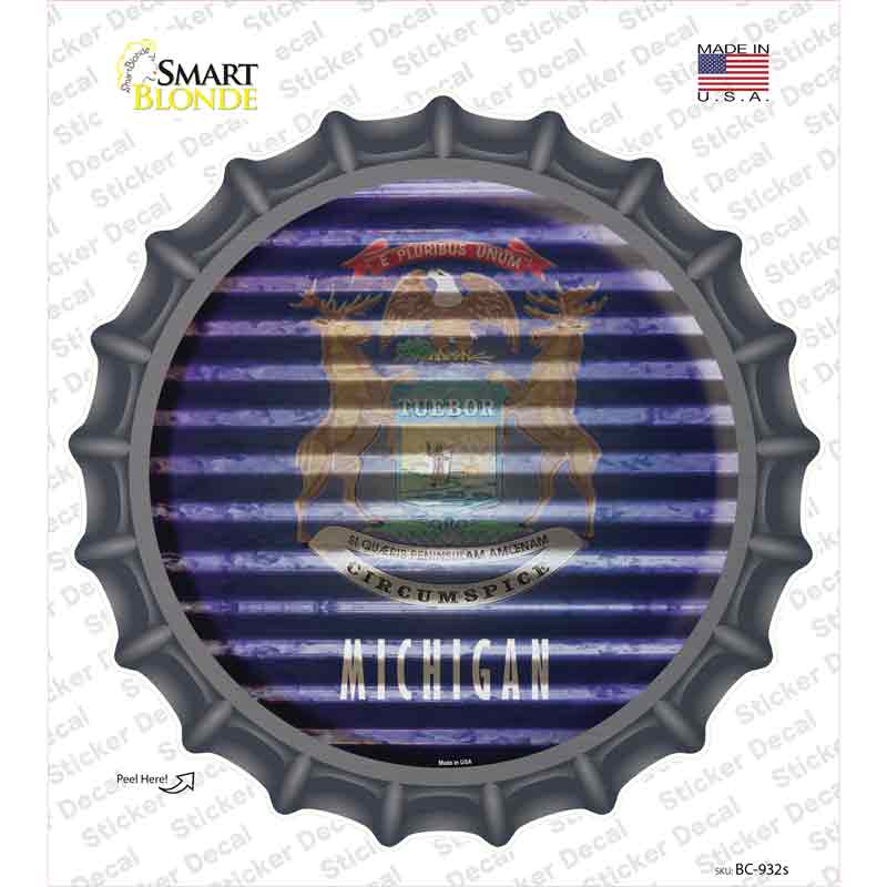 BC-932s-M Michigan Flag Corrugated Novelty Bottle Cap Sticker Decal - Medium