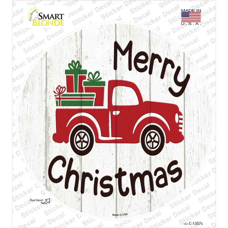 C-1357s-M Merry Christmas Present Truck Novelty Circle Sticker Decal - Medium