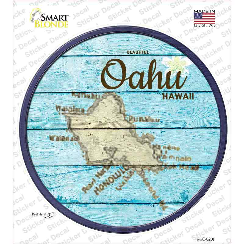 C-820s-M Oahu Hawaii Map Novelty Circle Sticker Decal - Medium