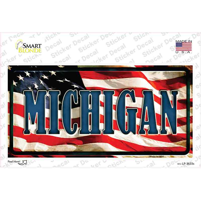 LP-3633s-M Michigan on American Flag Novelty Sticker Decal - Medium