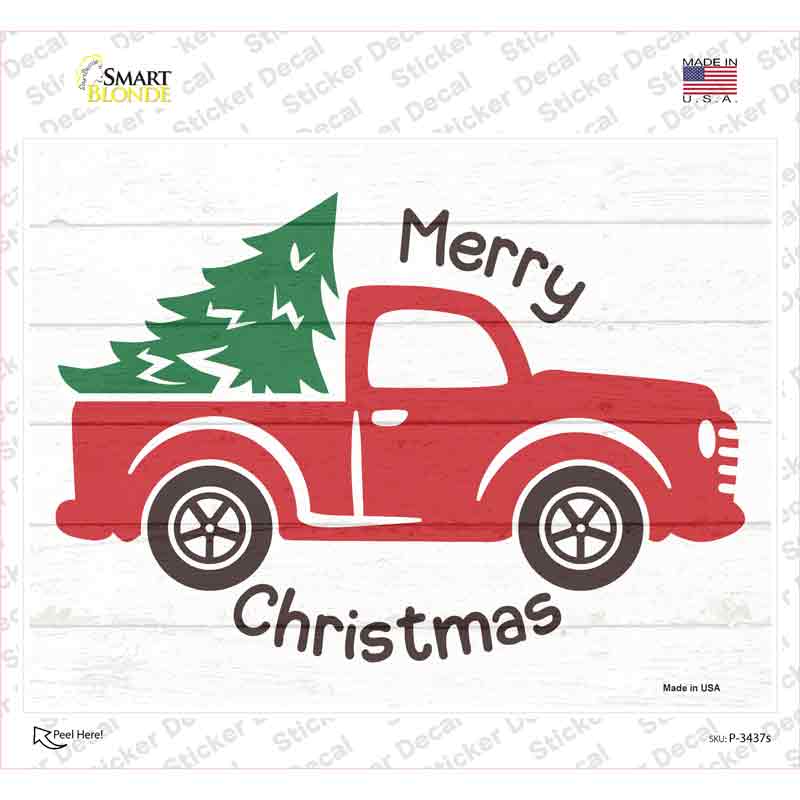P-3437s-M Merry Christmas Hauling Tree Novelty Rectangle Sticker Decal - Medium