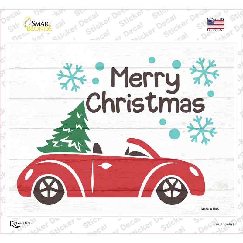 P-3442s-M Merry Christmas Car Hauling Tree Novelty Rectangle Sticker Decal - Medium