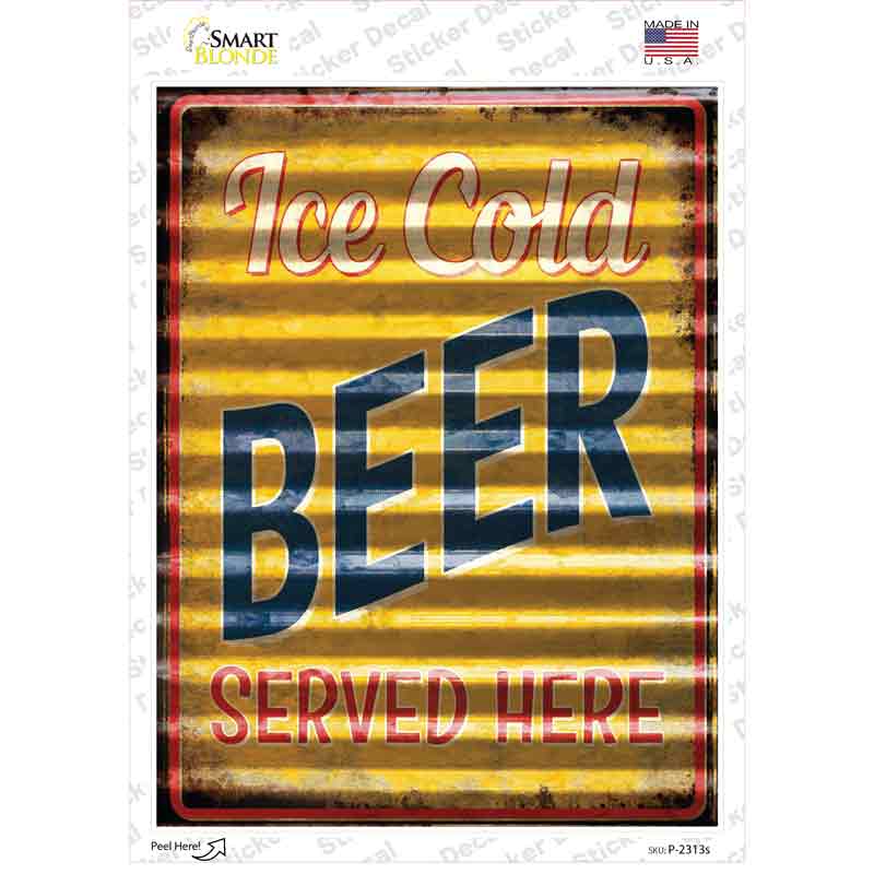 P-2313s-M Ice Cold Beer Corrugated Effect Novelty Rectangle Sticker Decal - Medium