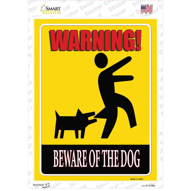 P-4190s-M Beware of Dog Yellow Novelty Rectangular Sticker Decal - Medium