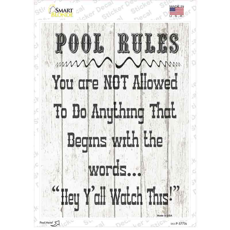 P-3773s-M Pool Rules Novelty Rectangle Sticker Decal - Medium